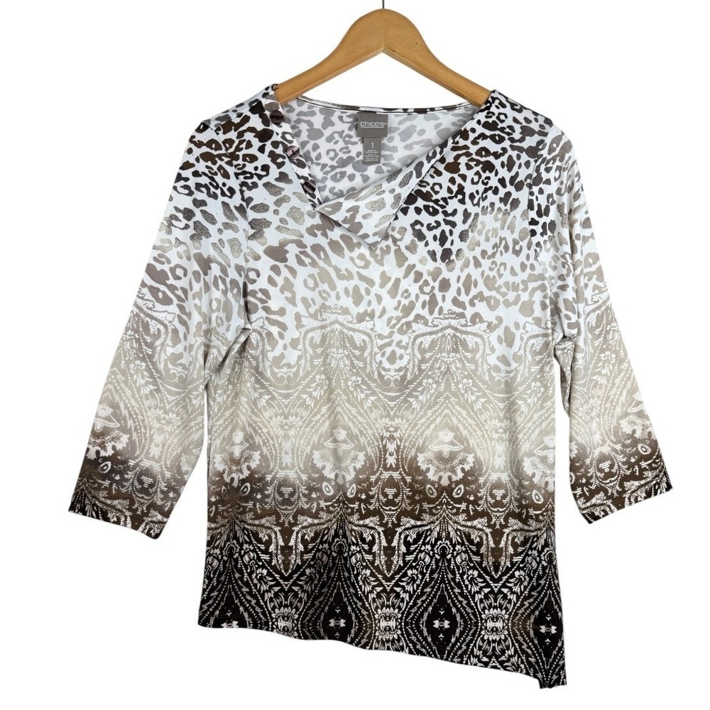 Chico's Womens Leopard Paisley Print Size 1 | US Medium 3/4 Sleeve Asymmetrical